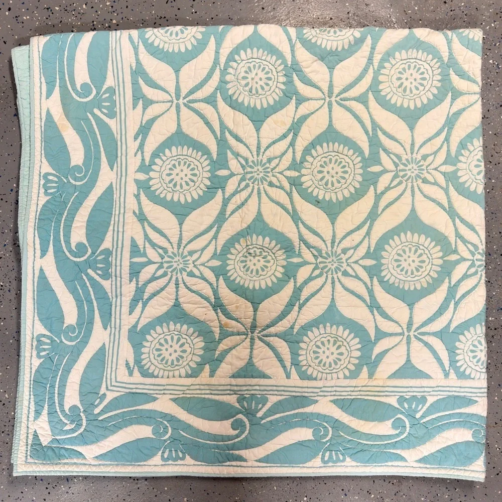 Pottery Barn Turquoise Block Print Quilt Bedspread Double Sided